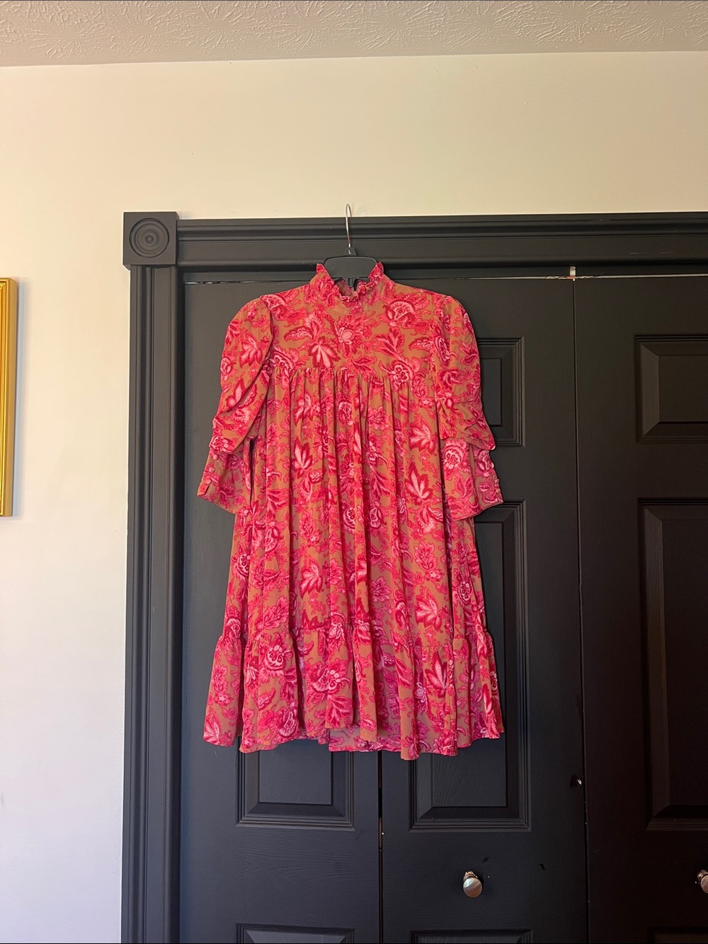Boohoo Pink Floral High-Neck Tiered Casual Dress
